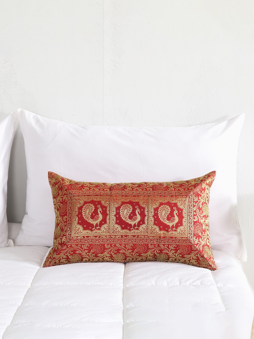 HANDICRAFT PALACE Peacock Motif Ethnic Motifs Brocade Silk Durable Cushion Cover -12x20In