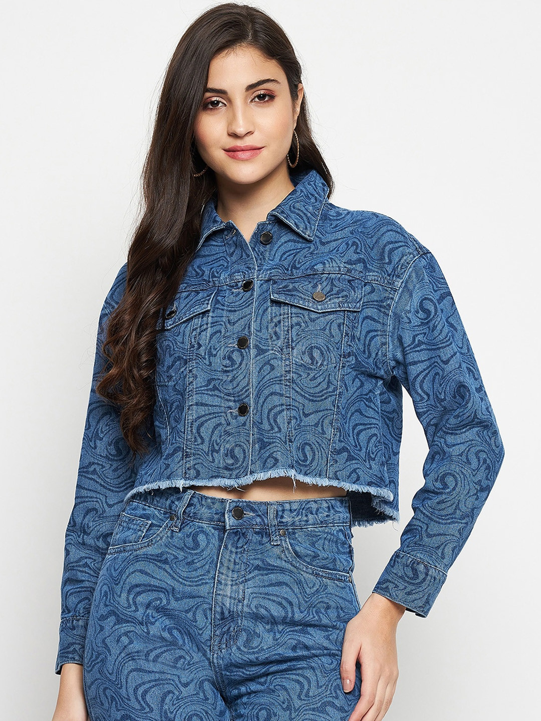 Madame Abstract Printed Crop Cotton Denim Jacket