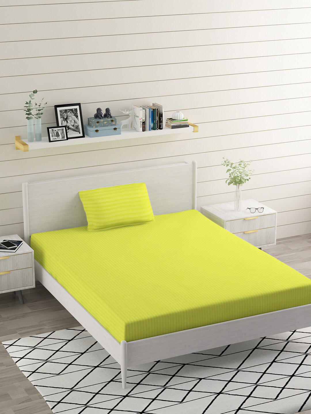 BELVOSTUM Green Striped Microfiber 220 TC Single Fine Bedsheet with a Pillow Cover-228 x 153 cm