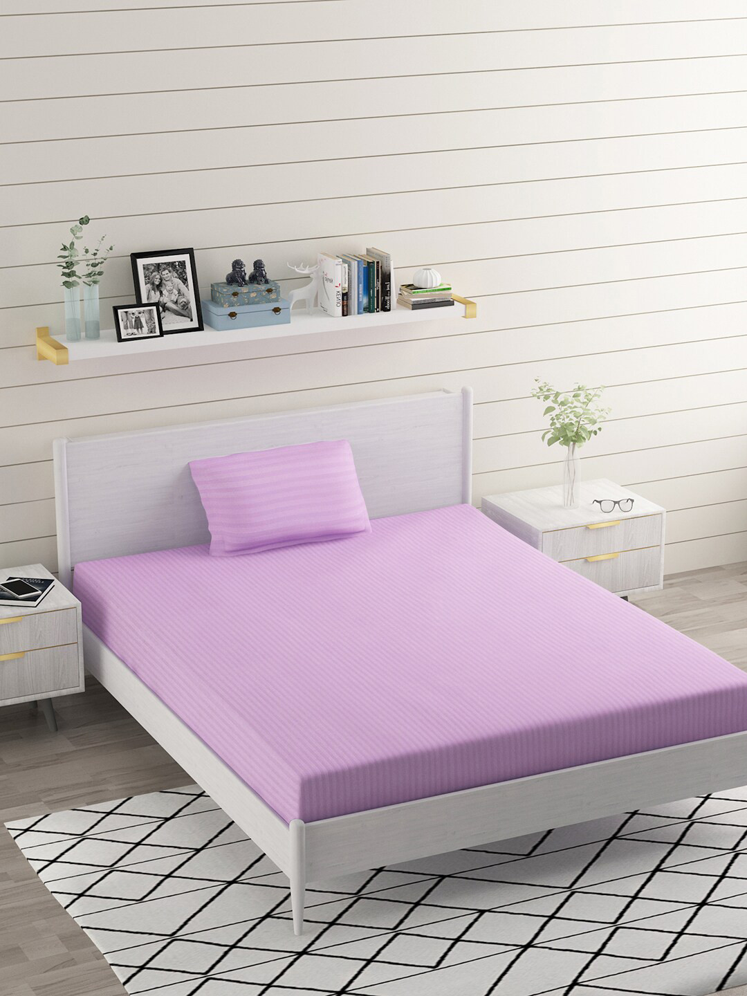 BELVOSTUM Purple Striped Microfiber 220 TC Single Fine Bedsheet with a Pillow Cover-90 x 60 inches