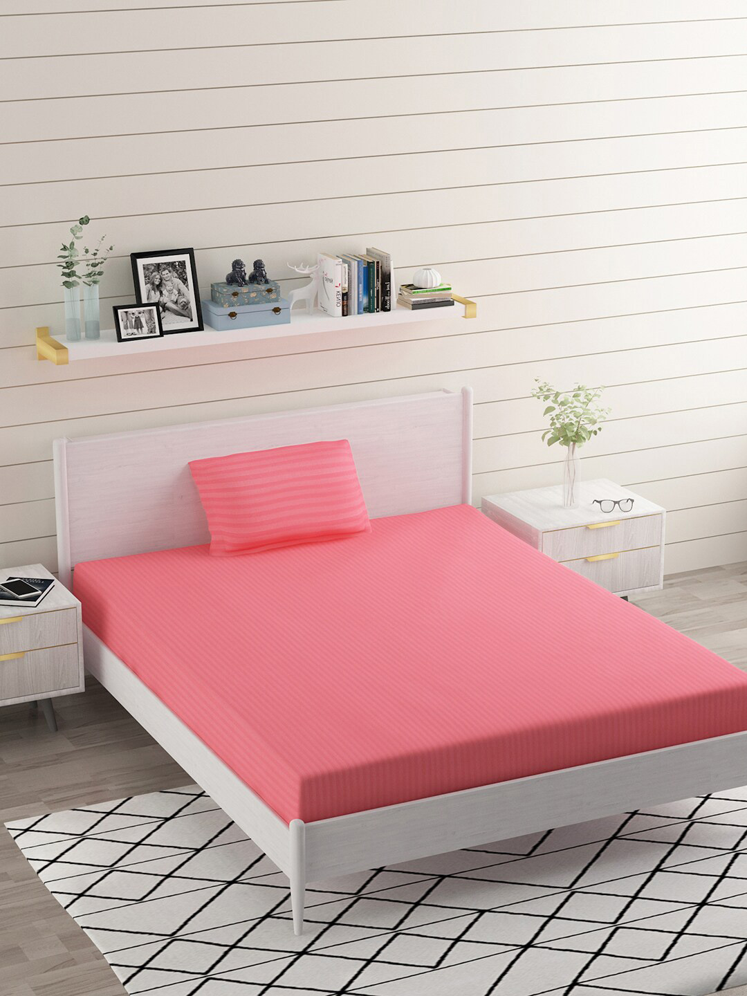BELVOSTUM Pink Striped Microfiber 220 TC Single Fine Bedsheet with a Pillow Cover