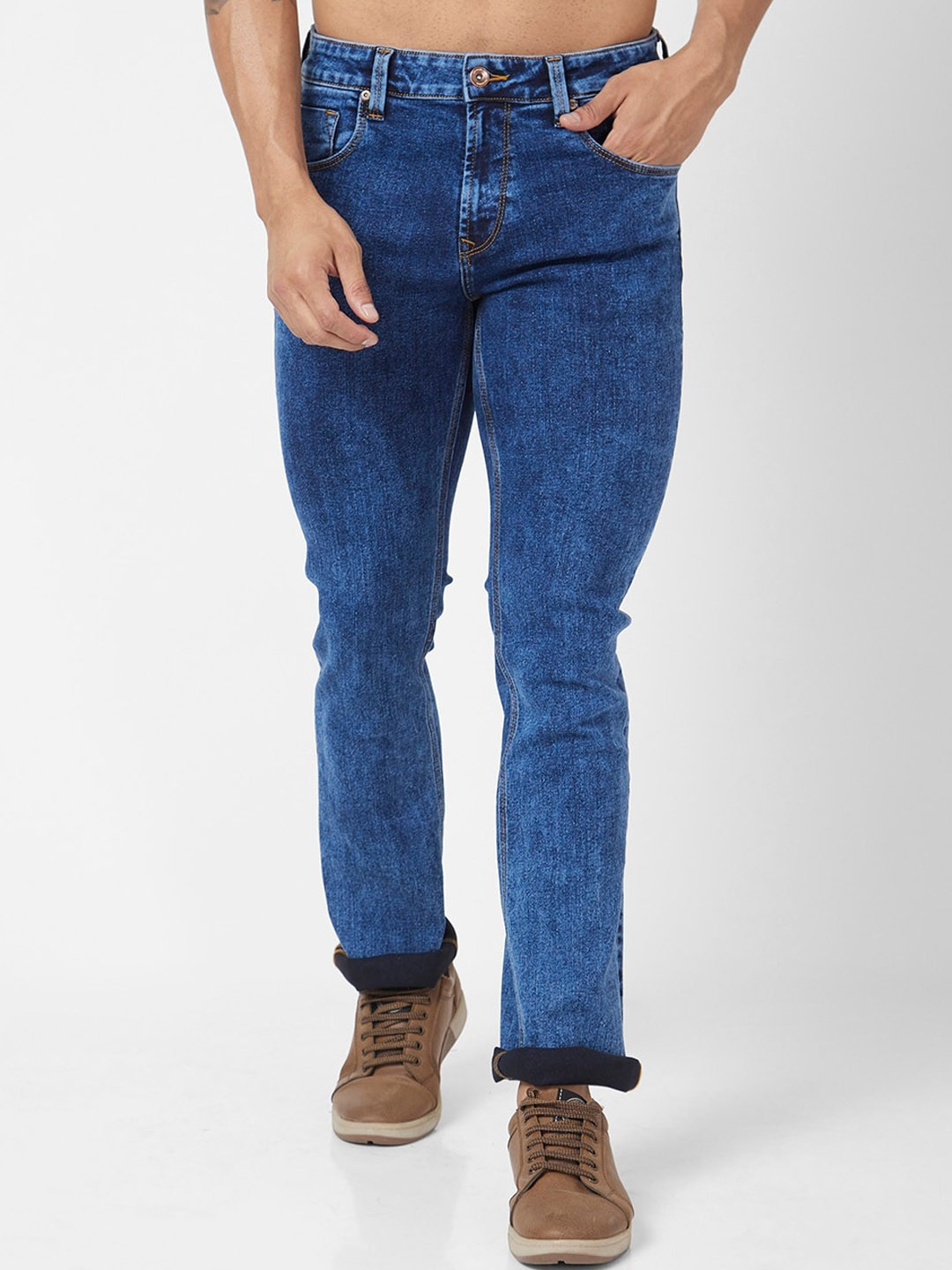 SPYKAR Men Rafter Relaxed Fit Mid Rise, Bootcut Low Distress Light Fade Stretchable Jeans
