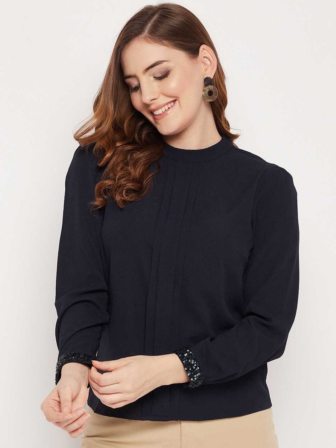 STYLE BLUSH Band Collar Long Sleeves Top