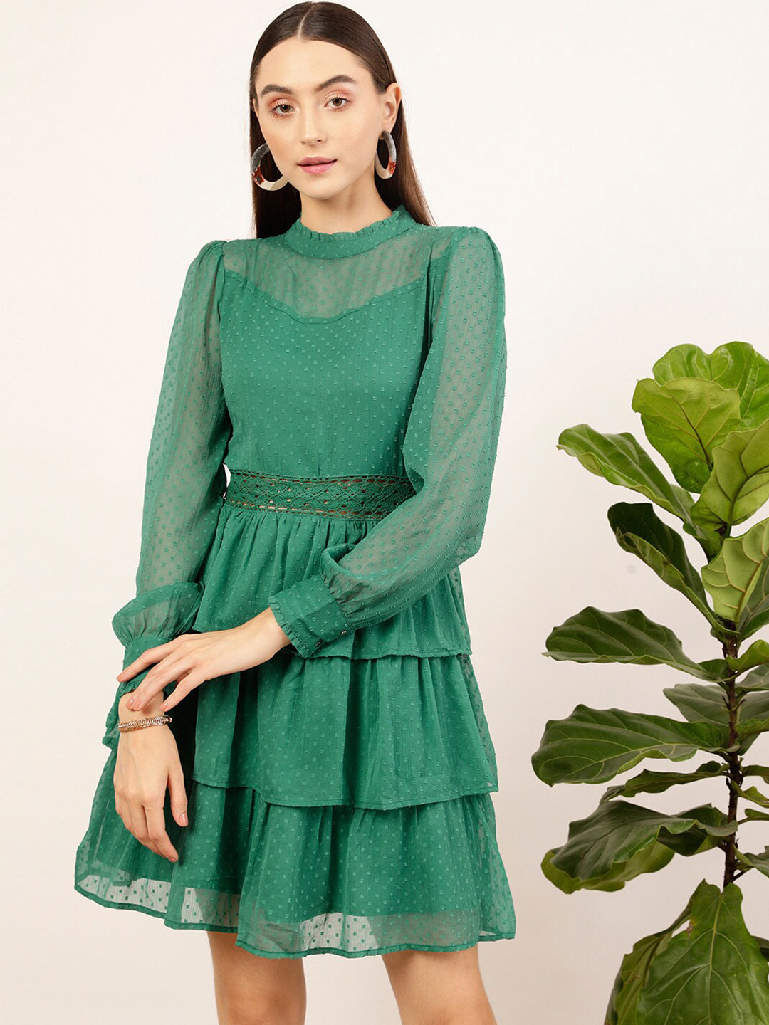 STREET 9 Green High Neck Puff Sleeves Layered Casual Fit & Flare Dress