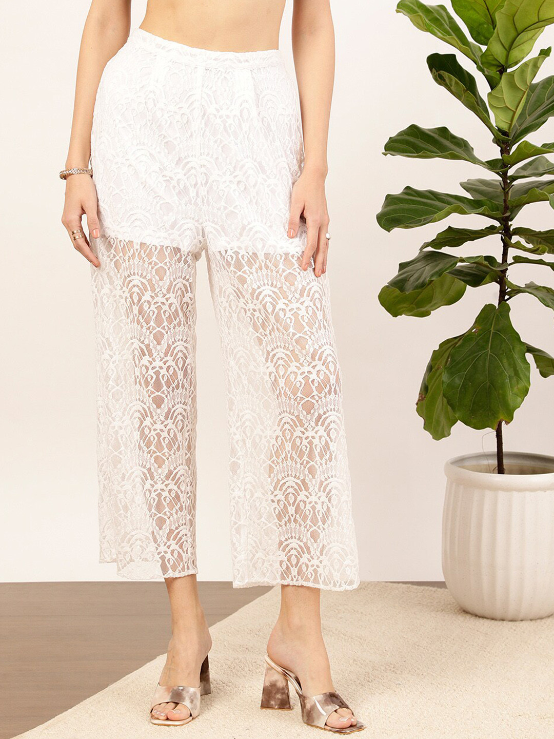STREET 9 Women Self Design Relaxed Straight Fit High-Rise Lace Trousers