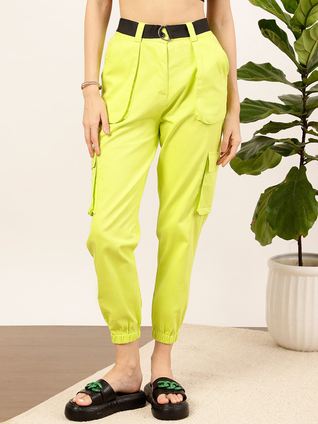 STREET 9 Fluorescent Green Women Relaxed Fit High-Rise Pure Cotton Cargo Trousers