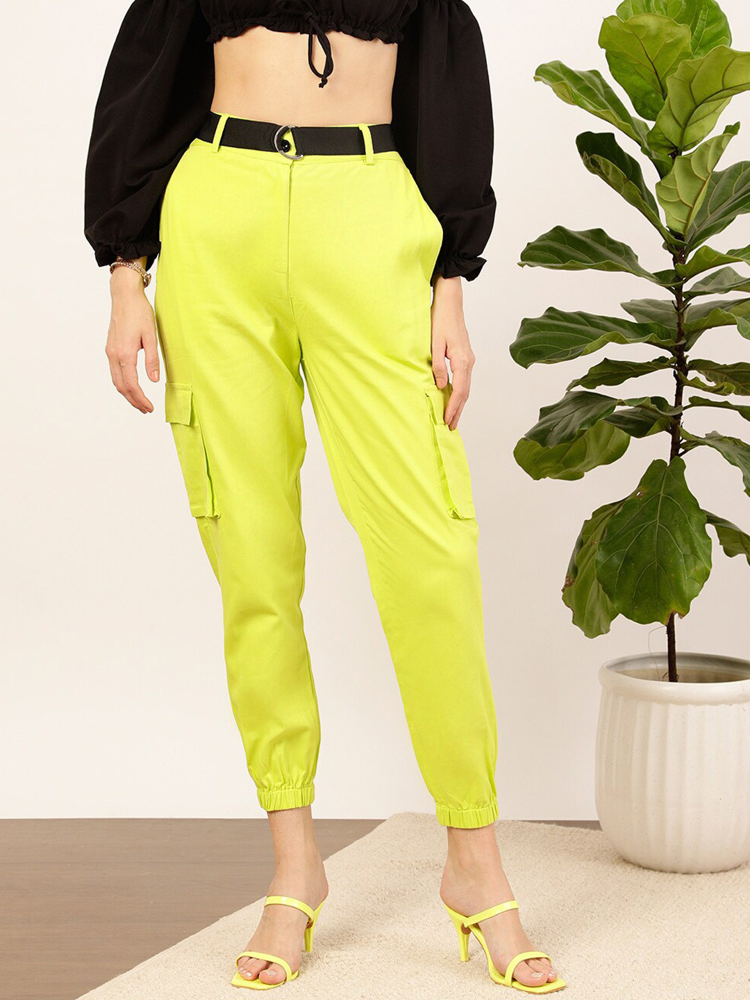 STREET 9 Fluorescent Green Women Relaxed Fit High-Rise Pure Cotton Cargo Trousers