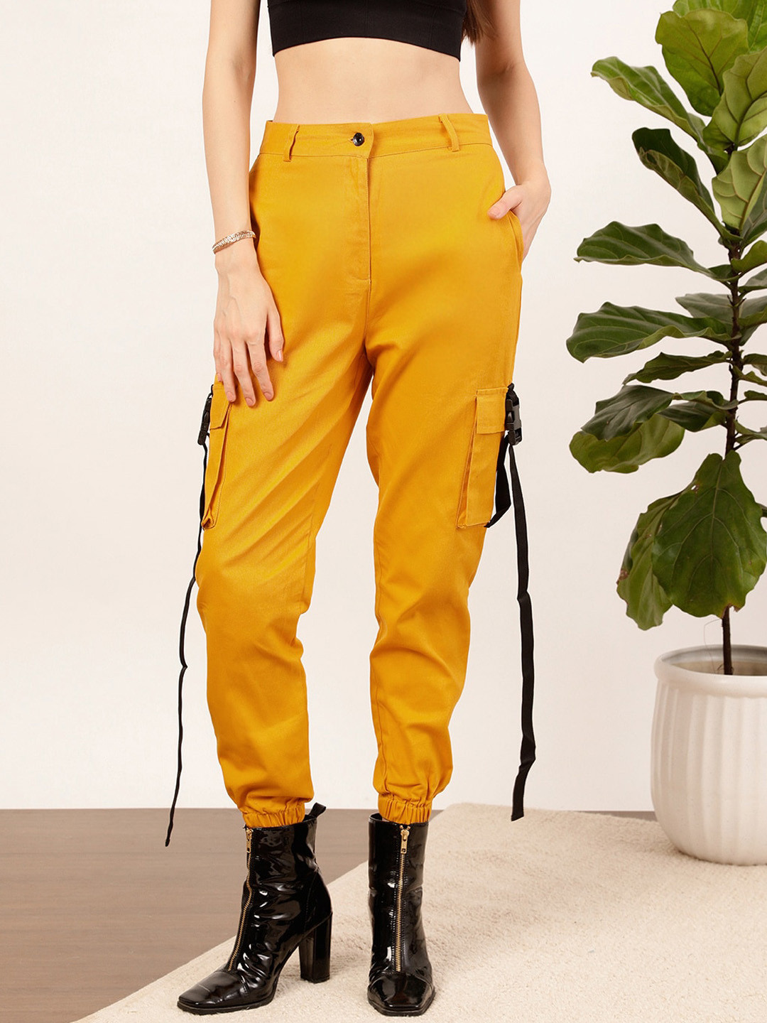 STREET 9 Women Mustard Yellow Relaxed Fit High-Rise Pure Cotton Cargo Trousers
