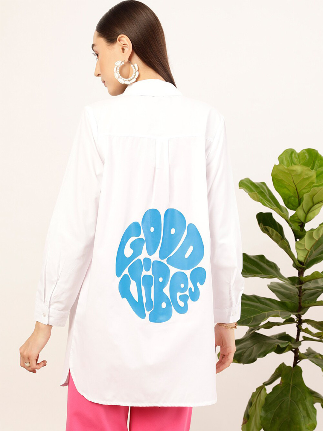 STREET 9 White & Blue Contemporary Oversized Typography Printed Pure Cotton Casual Shirt