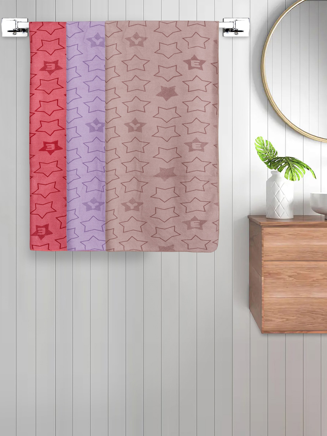 FABINALIV Set of 3 Red & Beige Geometric Printed 350 GSM Cotton Kids Bath Towels