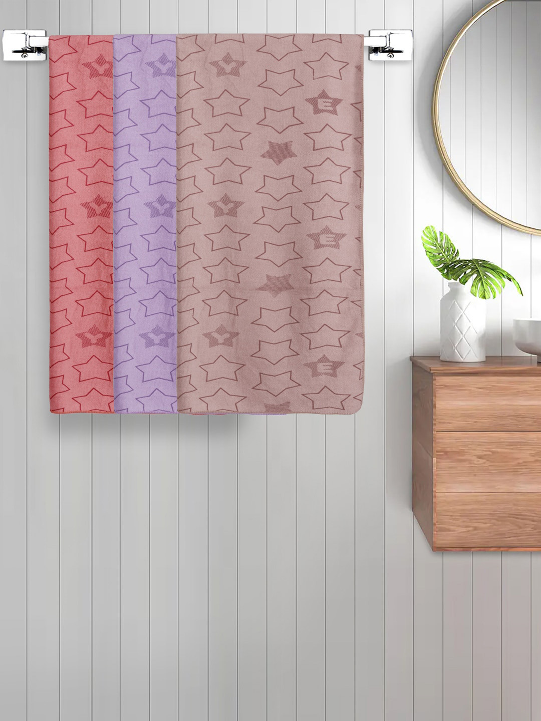 FABINALIV Set of 3 Red & Purple Geometric Printed 350 GSM Cotton Kids Bath Towels