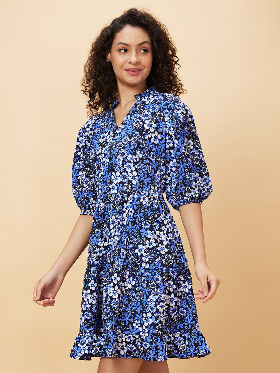 Globus Navy Blue Floral Printed Puff Sleeves Gathered or Pleated A-Line Dress
