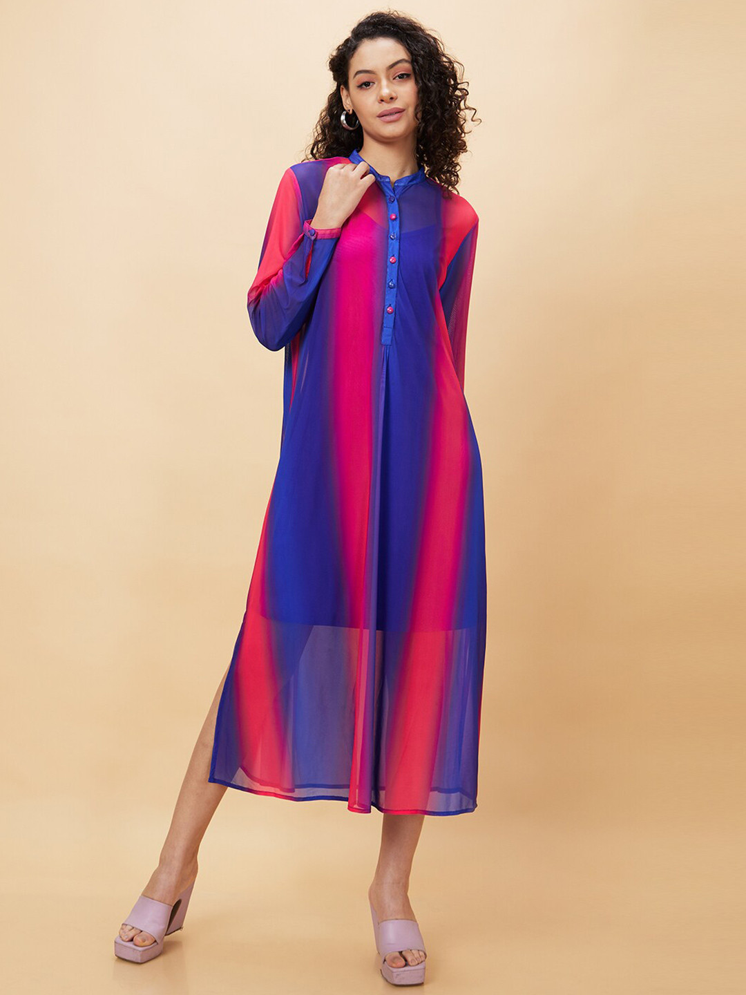 Globus Colourblocked Semi Sheer Net A-Line Midi Dress With Slip