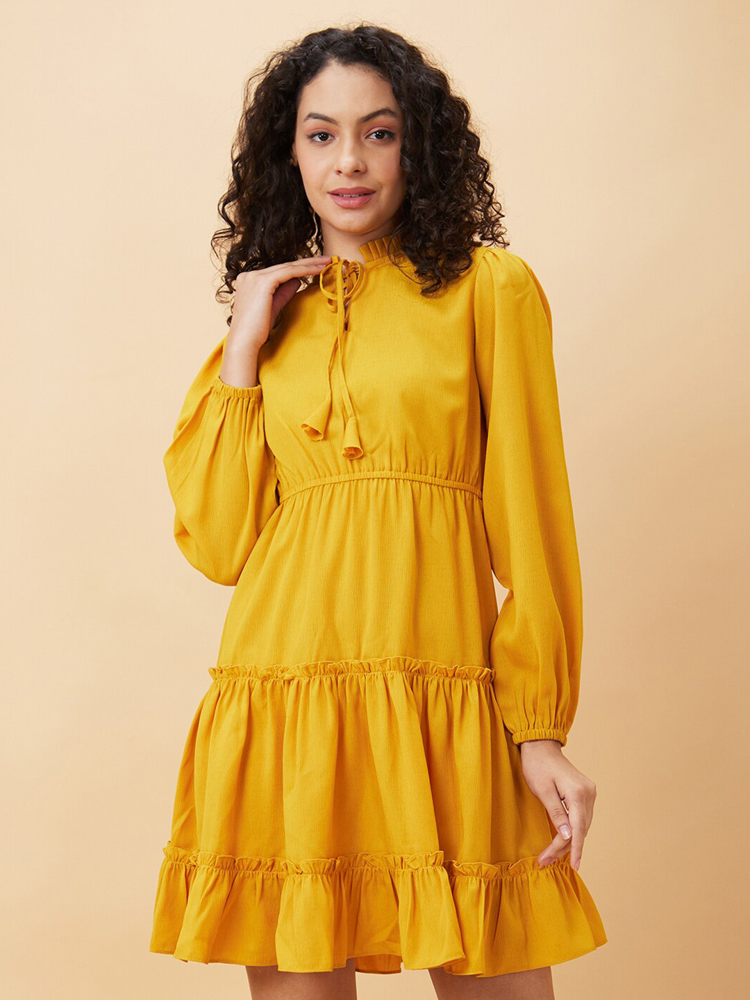 Globus Tie-Up Neck Puff Sleeves Gathered or Pleated Chiffon Fit & Flare Dress