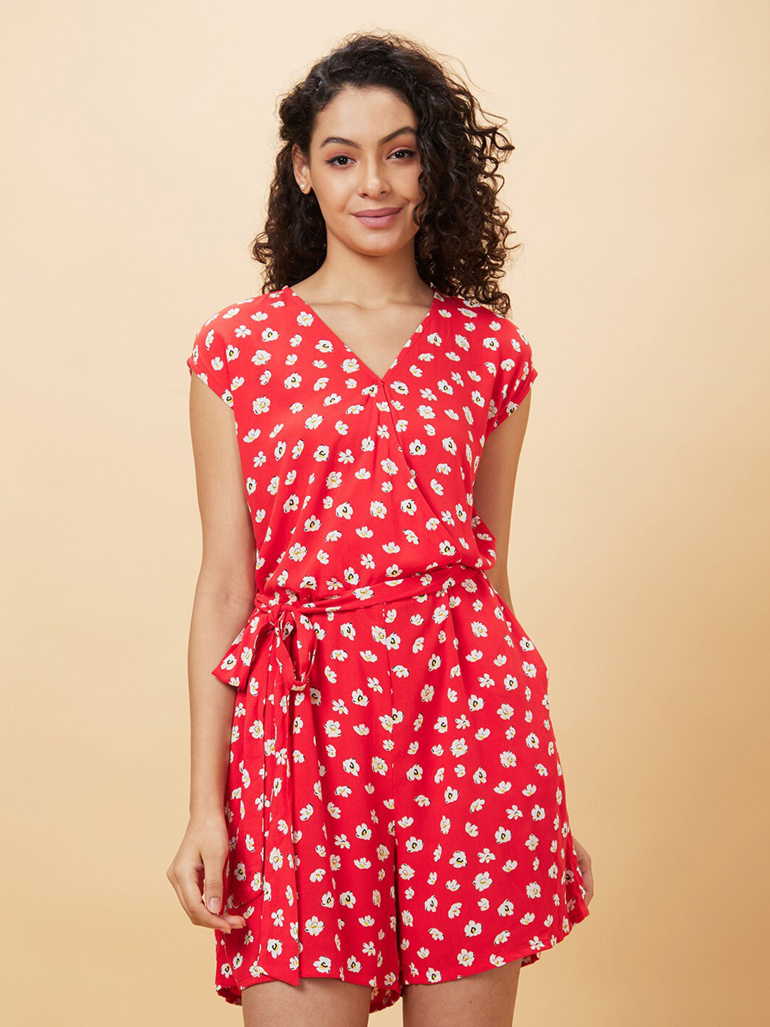 Globus Red & White Printed V-Neck Playsuit
