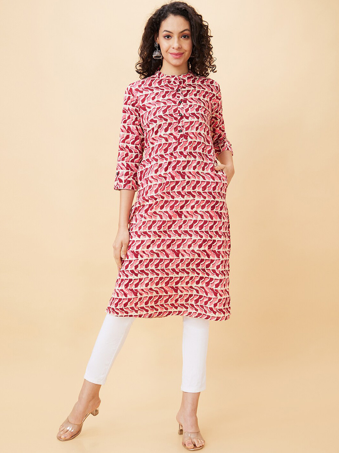 Globus Pink Geometric Printed Mandarin Collar Cotton Regular Kurta