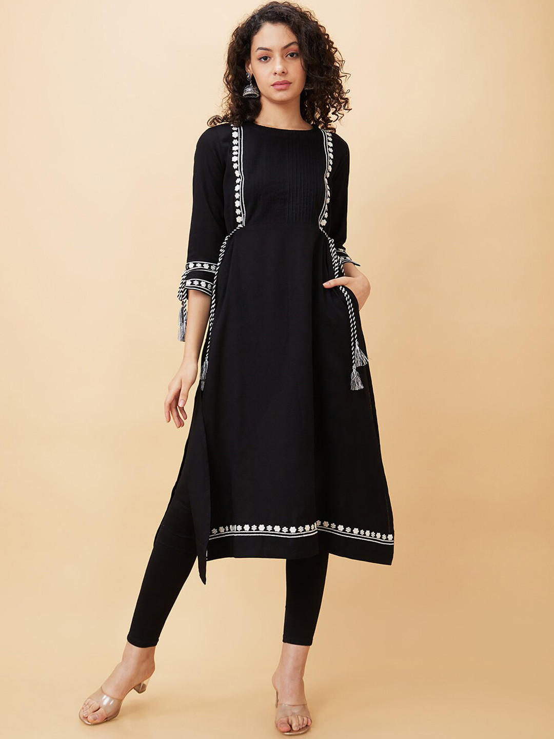Globus Black Ethnic Motifs Embroidered Regular Sleeves Cotton Regular Kurta