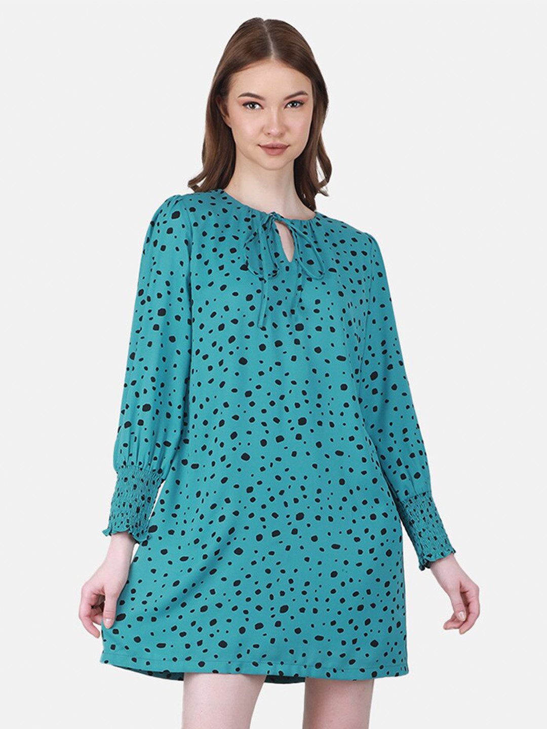 Duke Abstract Printed Tie Up Neck Puffed Sleeves A-Line Mini Dress