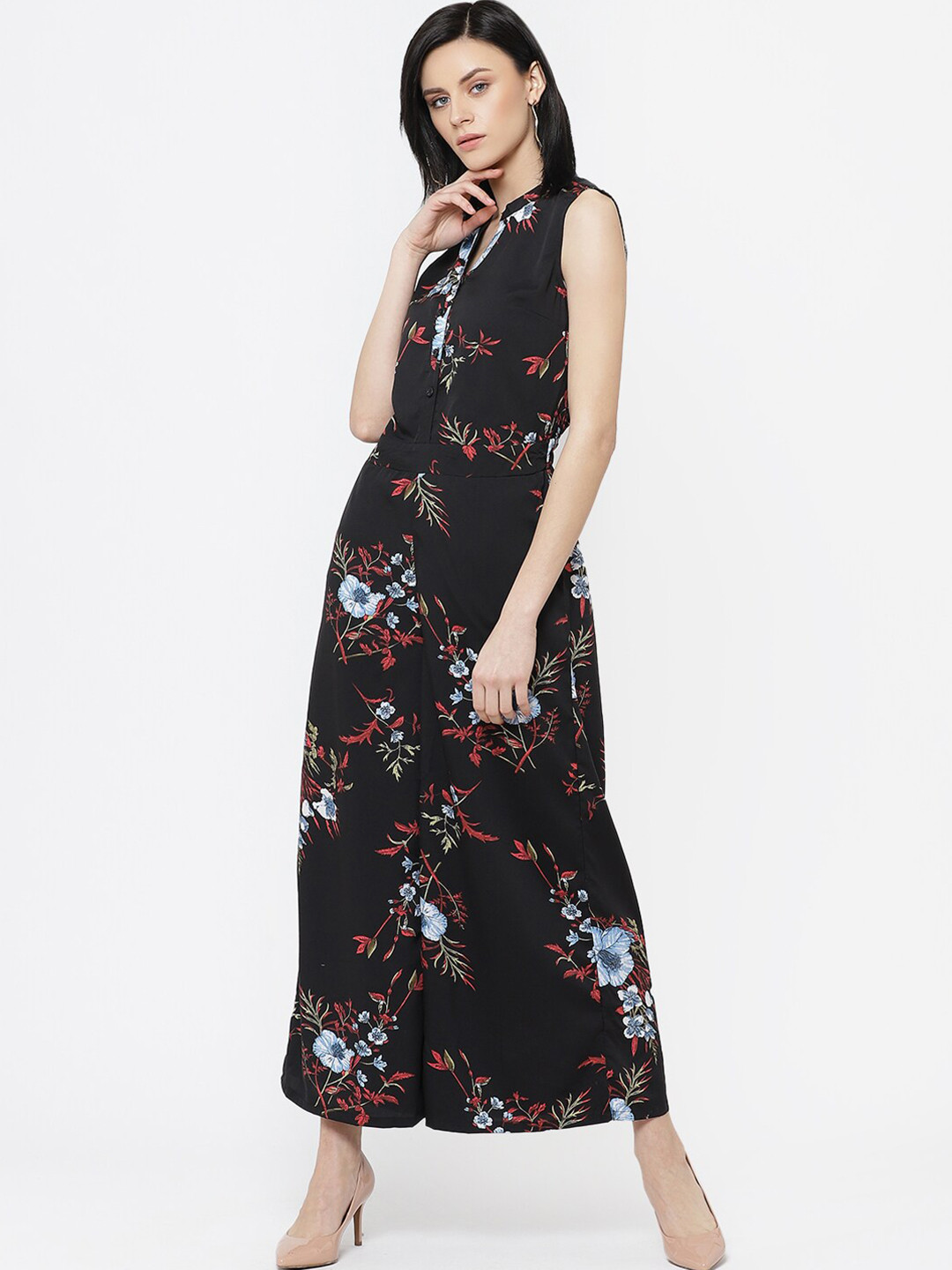 DressBerry Black Floral Printed Mandarin Collar Basic Jumpsuit
