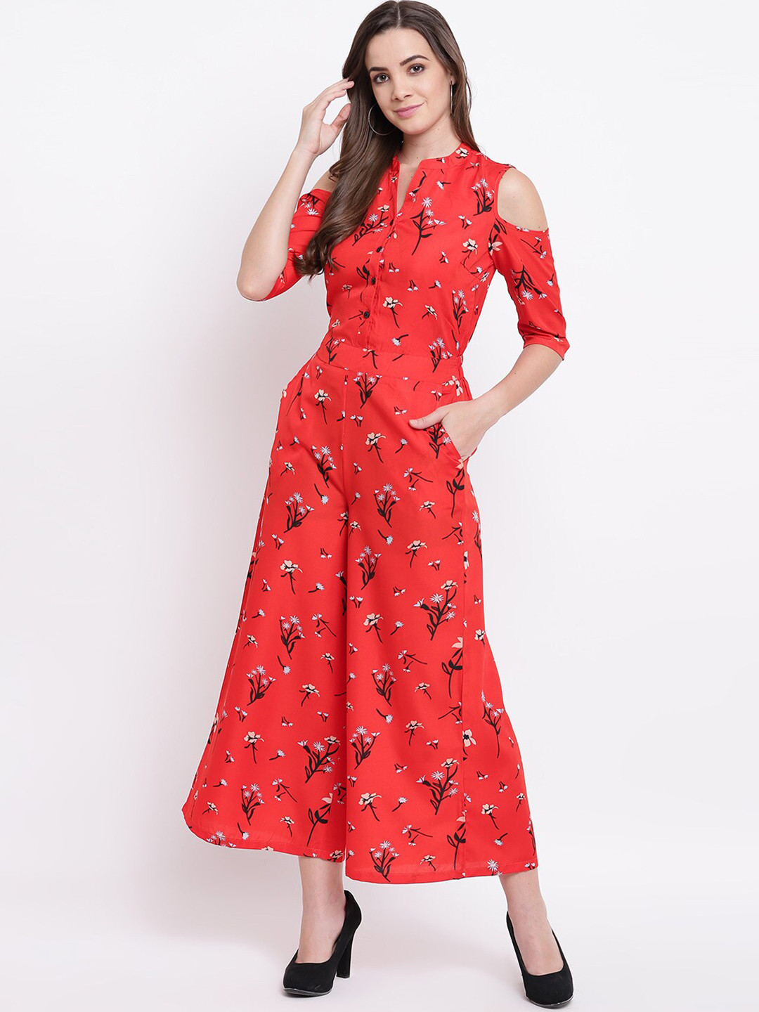 DressBerry Red Floral Printed Mandarin Collar Cold-Shoulder Basic Jumpsuit
