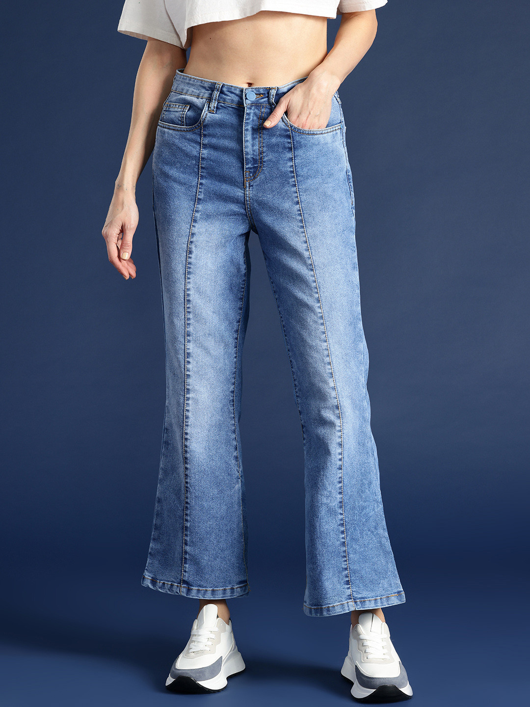 Mast & Harbour Women Slit Flared High-Rise Light Fade Stretchable Jeans