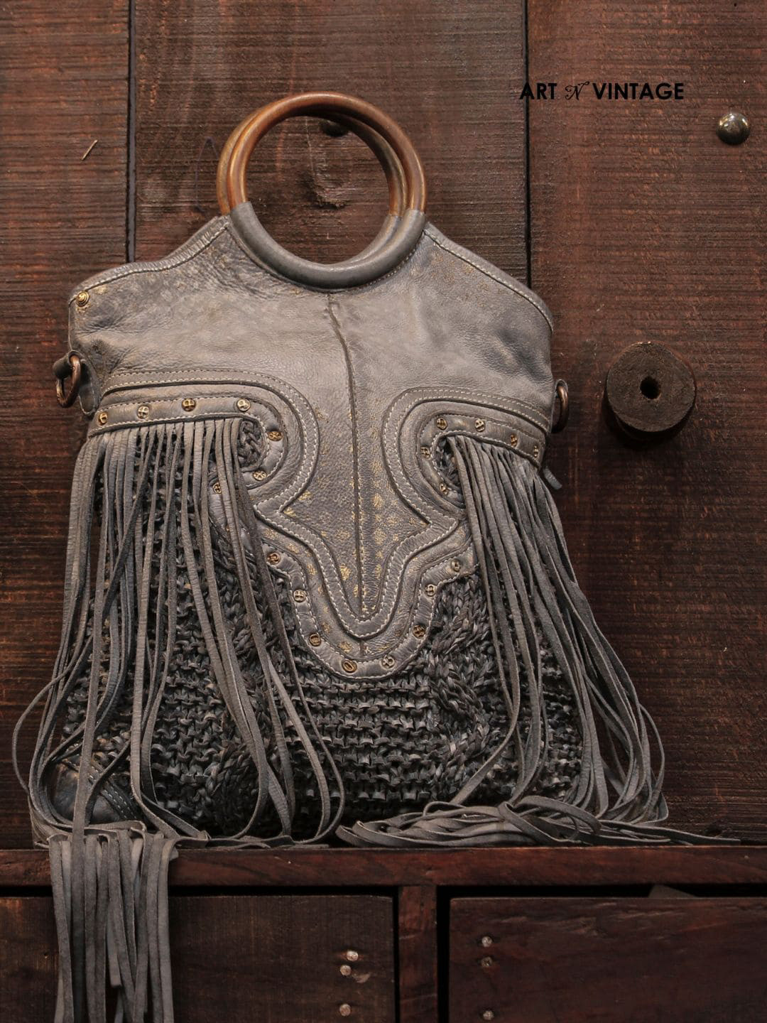 ART N VINTAGE Textured Leather Structured Handheld Bag With Tasselled