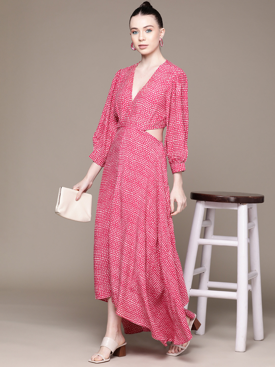 Label Ritu Kumar Polka Dot Print Bishop Sleeves Cut Out Crepe Fit & Flare Maxi Dress