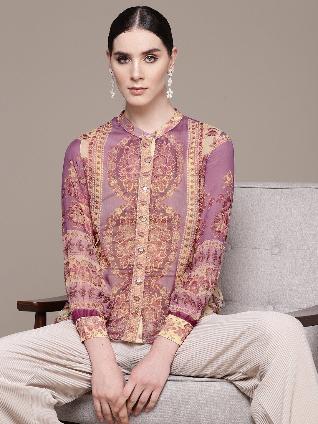 Label Ritu Kumar Women Relaxed Floral Printed Semi Sheer Casual Shirt & Camisole