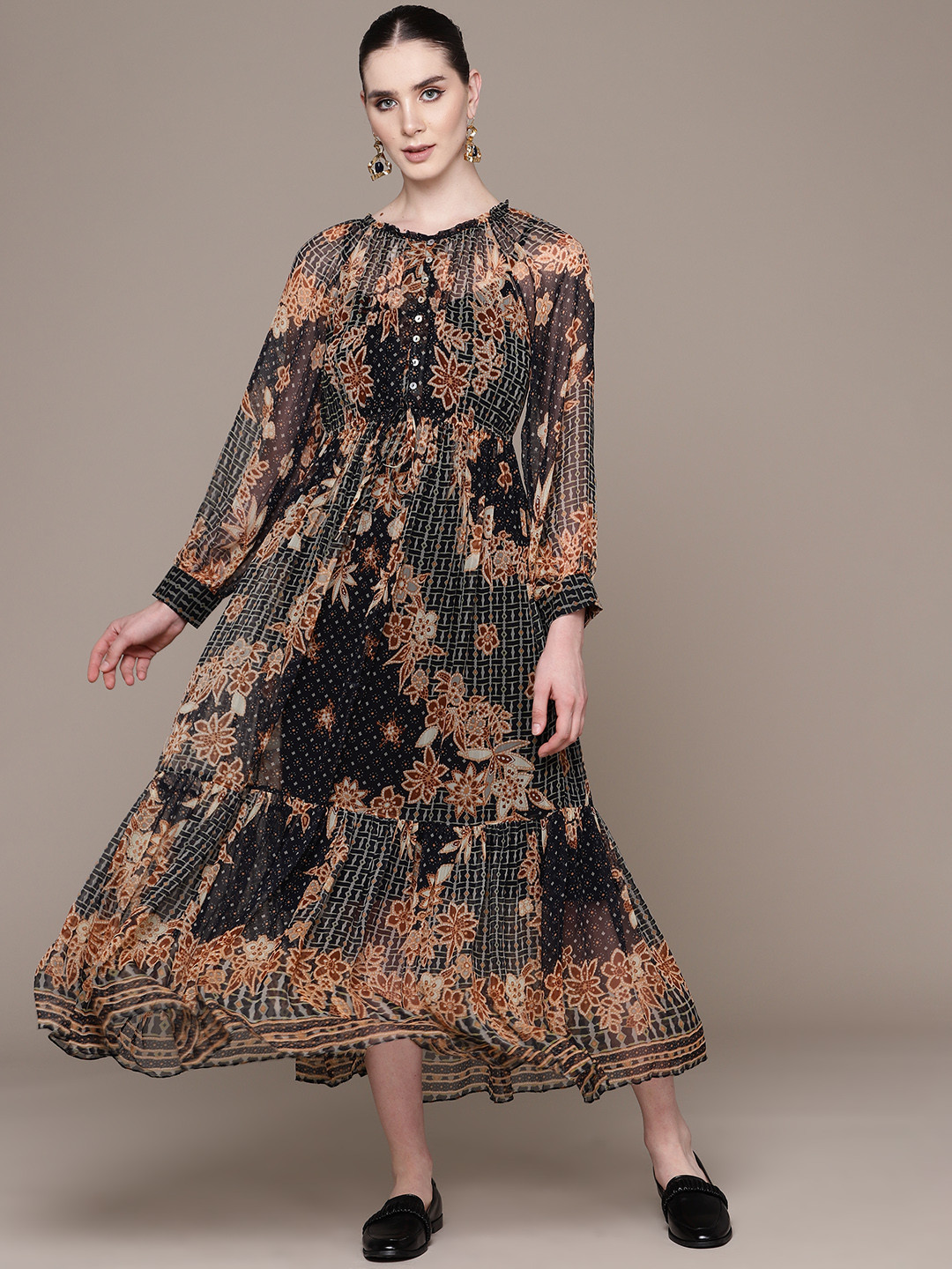 Label Ritu Kumar Floral Print Chiffon A-Line Midi Dress with Inner