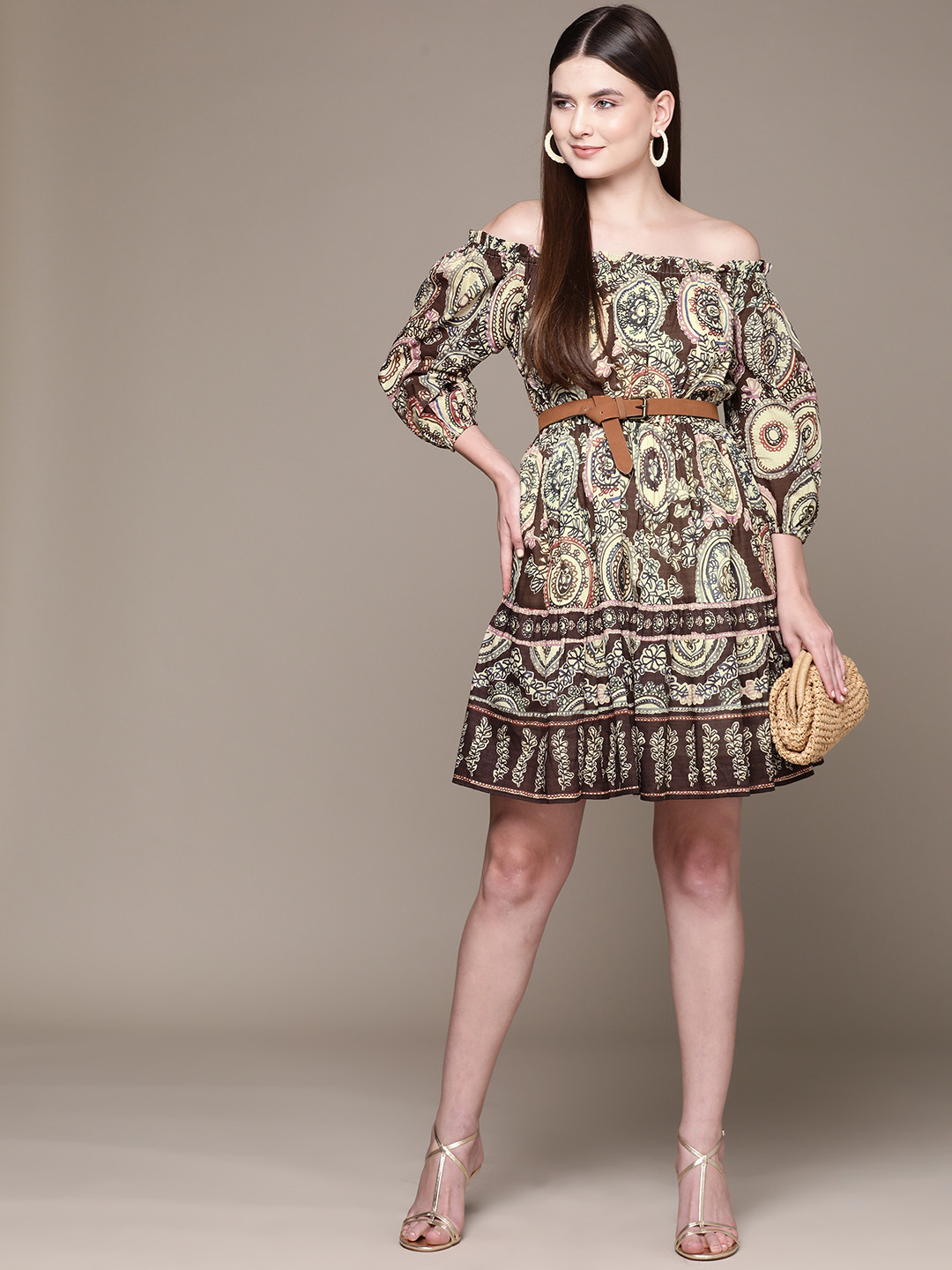 Label Ritu Kumar Ethnic Motifs Print Off-Shoulder Puff Sleeve A-Line Dress