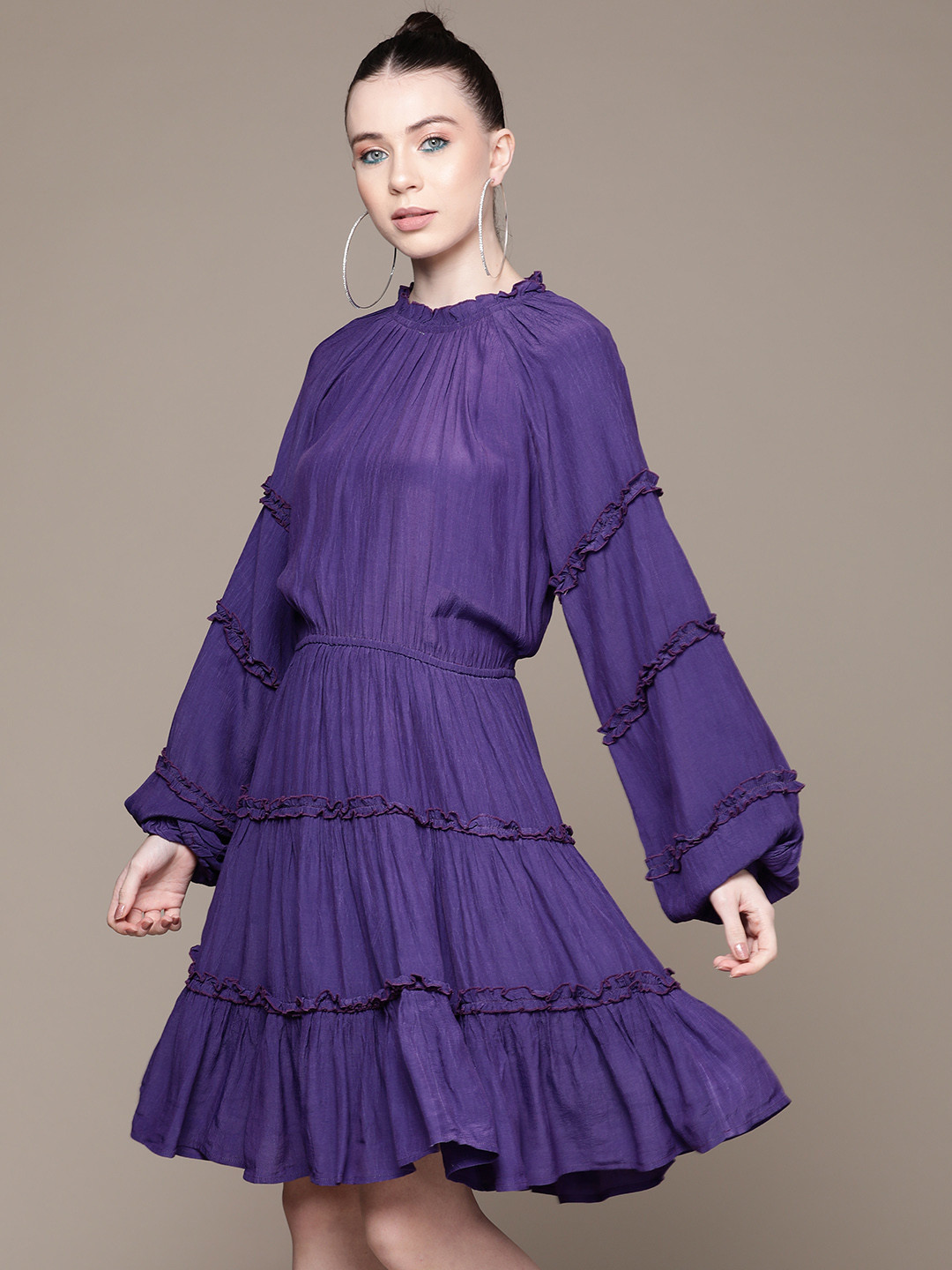 Label Ritu Kumar Bishop Sleeves High Neck Ruffled Tiered Crepe A-Line Dress