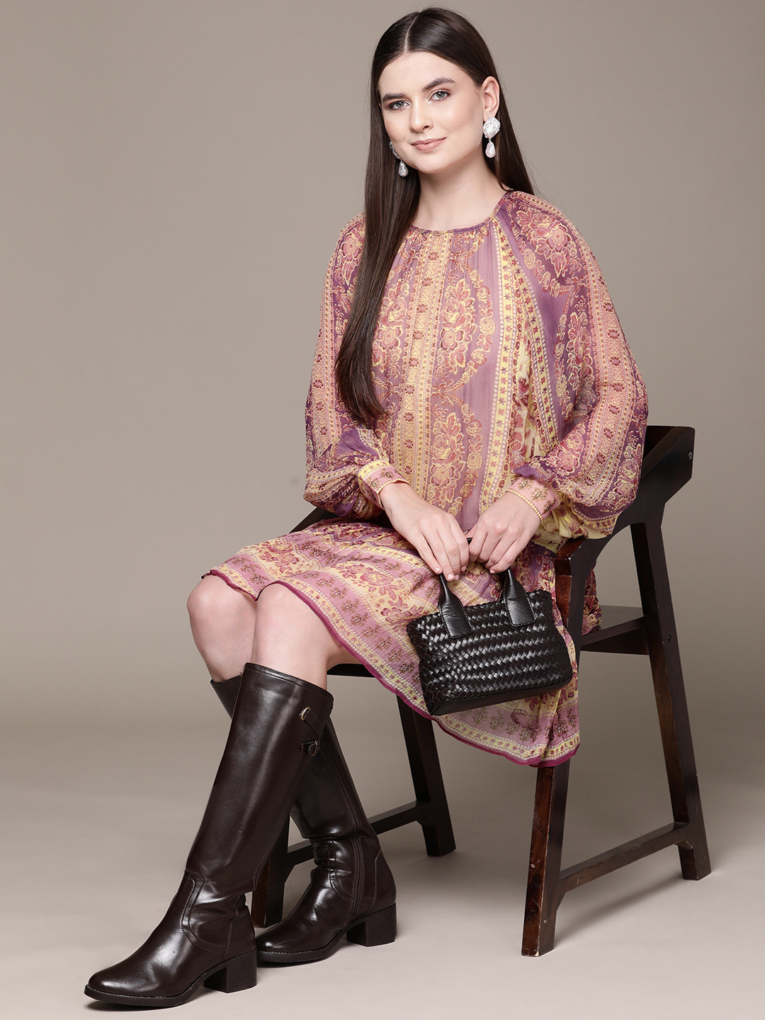 Label Ritu Kumar Floral Print Ruffled Chiffon A-Line Dress & Camisole