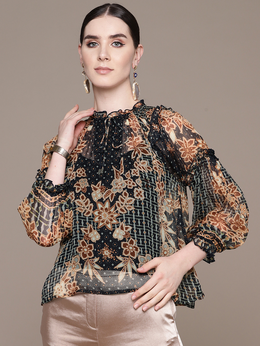 Label Ritu Kumar Floral Print Tie-Up Neck Puff Sleeves Ruffles Chiffon Top