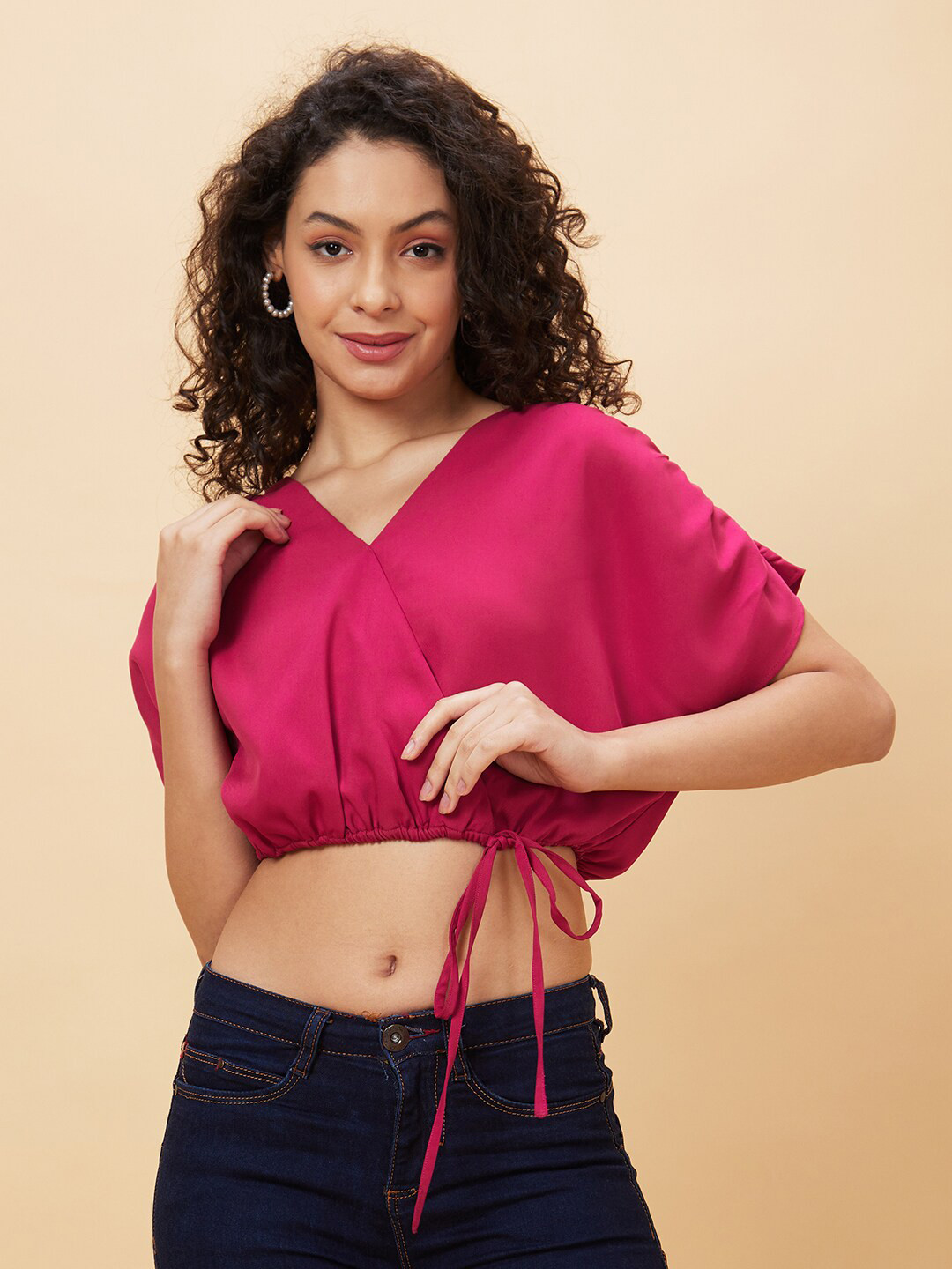 Globus Pink Extended Sleeves Tie-Ups Detailed Wrap Top