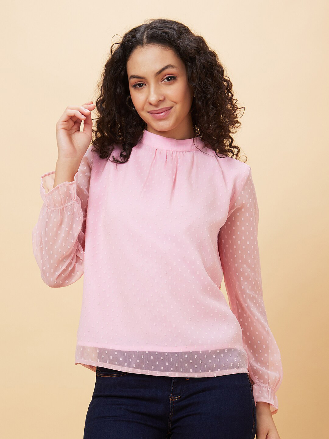 Globus Pink Self Designed High Neck Gathered Detailed Regular Top
