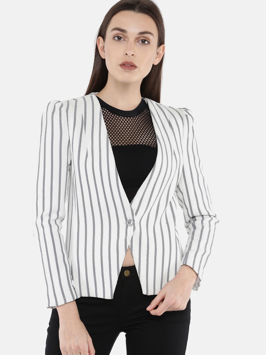 White and black hot sale striped blazer womens