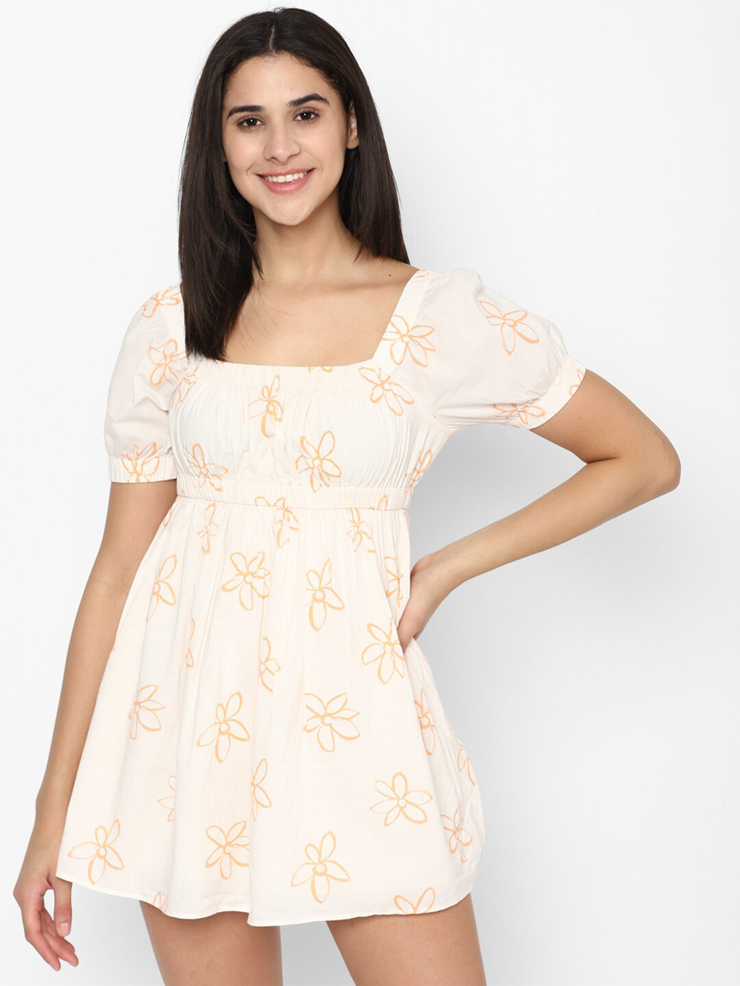 AMERICAN EAGLE OUTFITTERS Floral Printed Puff Sleeve Fit & Flare Pure Cotton Mini Dress