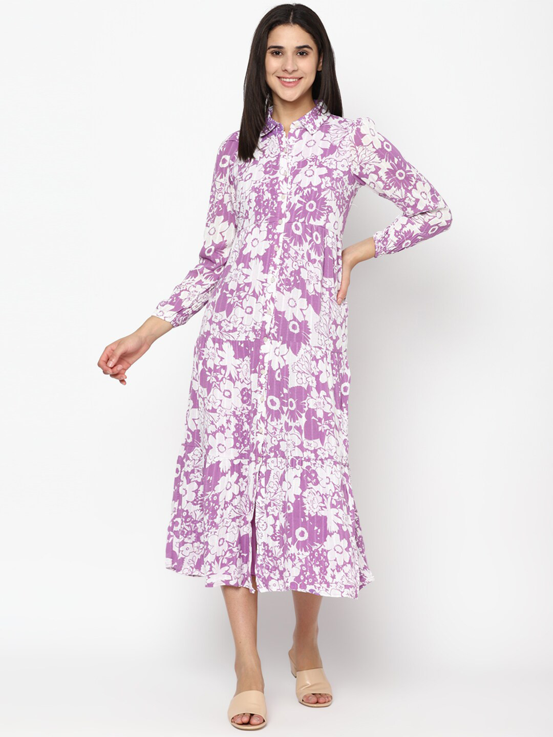 AMERICAN EAGLE OUTFITTERS Floral Printed Shirt Collar Puff Sleeves Cotton Midi Dress