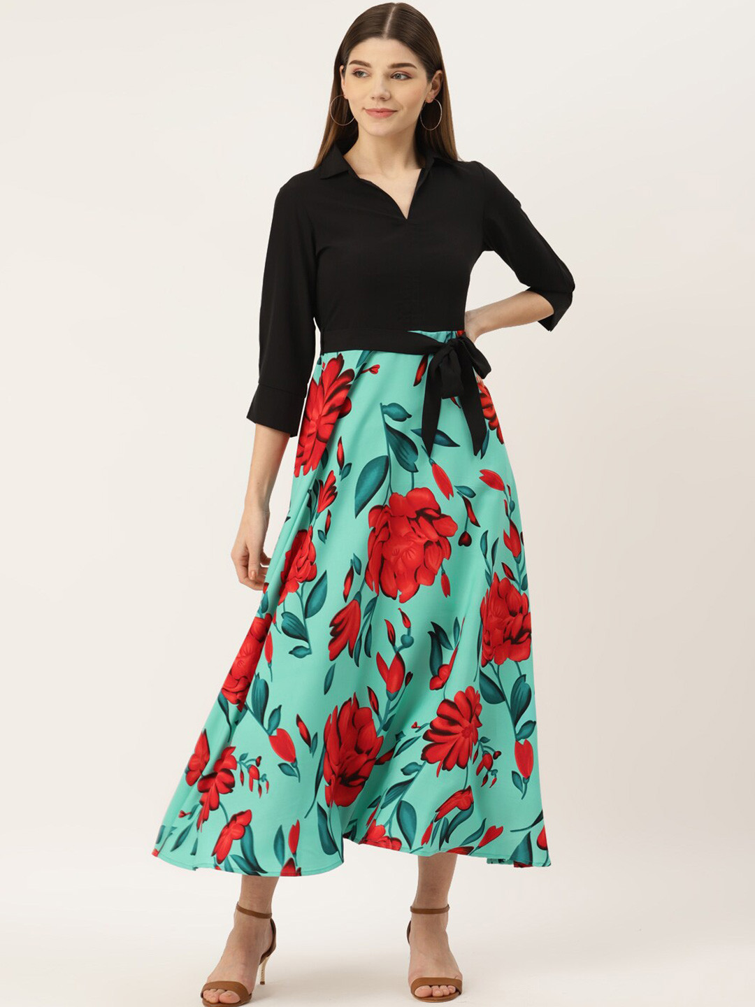 DressBerry Black Floral Printed Shirt Collar Belted A-Line Midi Dress