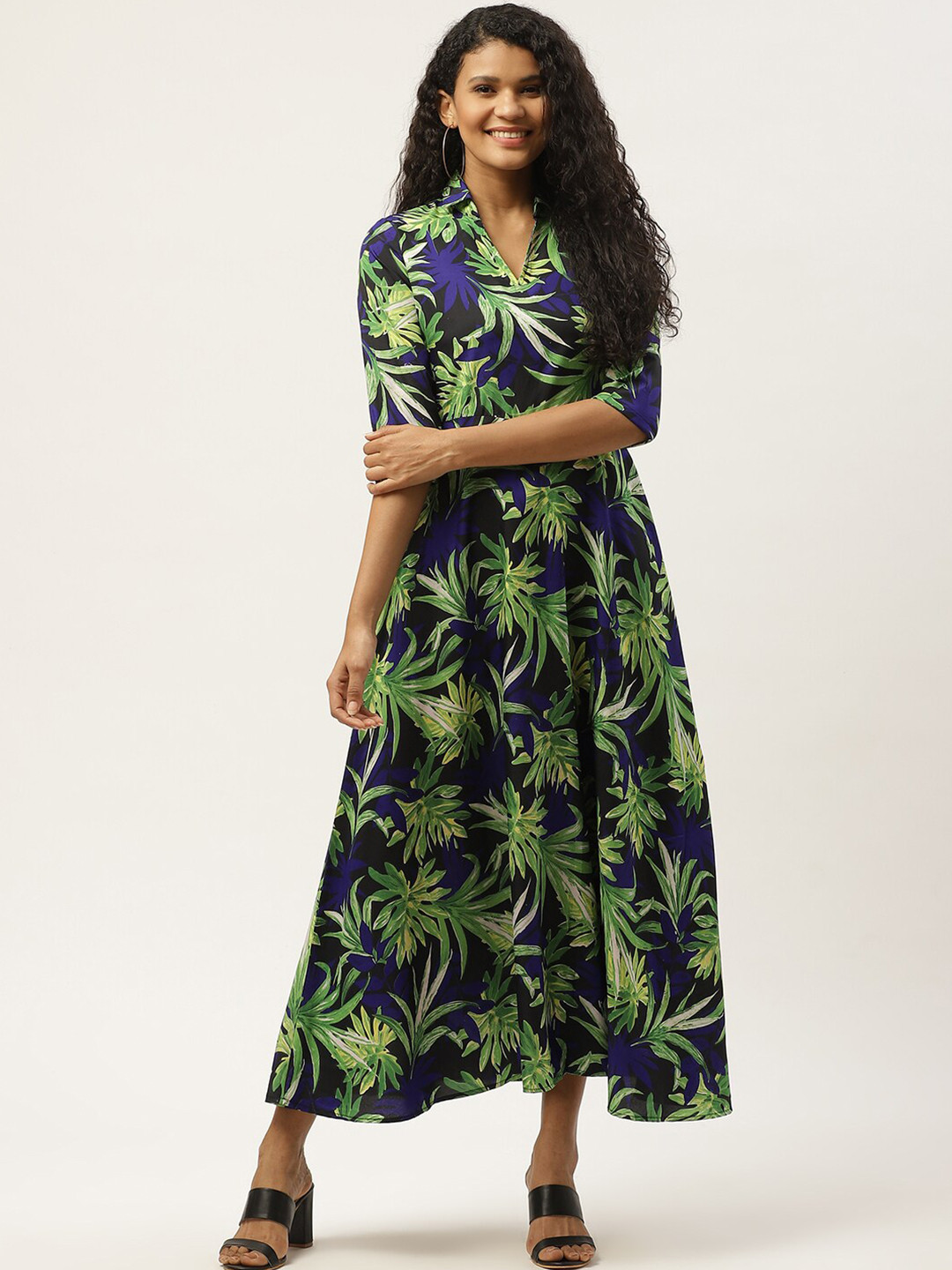 DressBerry Navy Blue Tropical Printed Shirt Collar A-Line Midi Dress