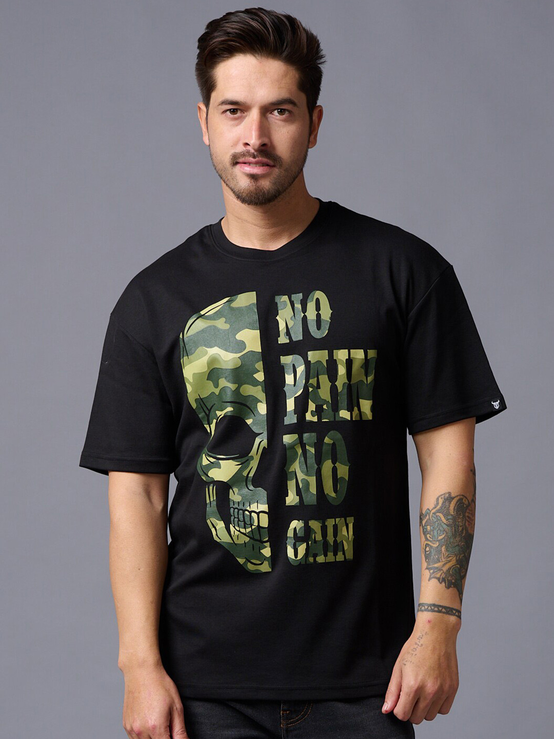 GO DEVIL Typography Printed Drop-Shoulder Sleeves Pure Cotton T-shirt