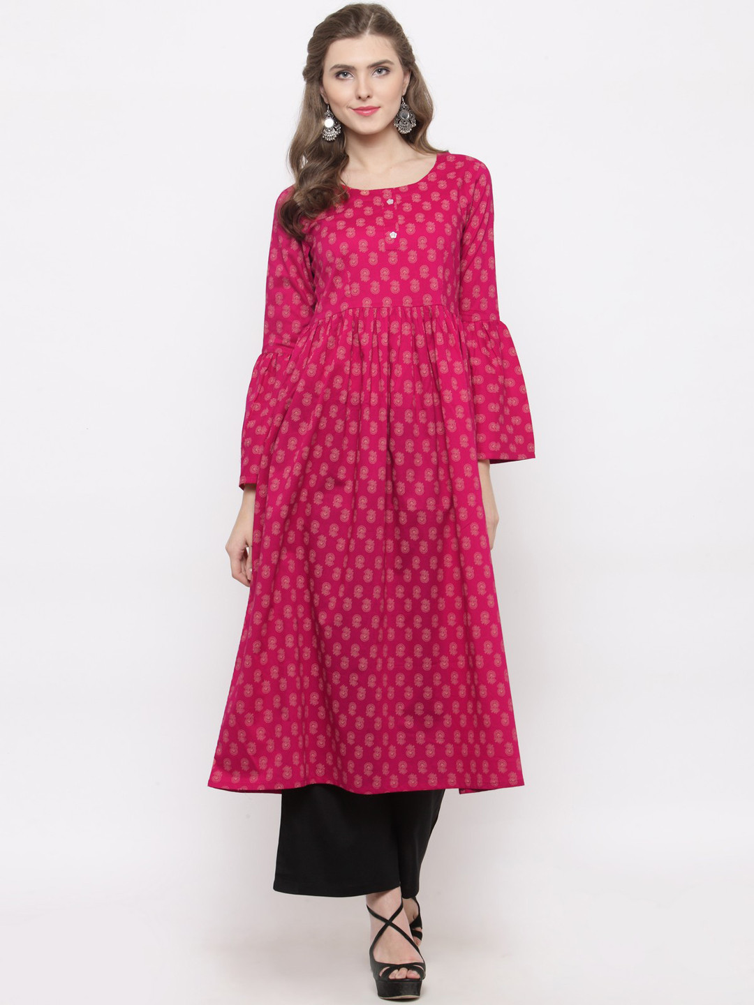 Sera Women Pink & Black Printed Kurta with Palazzos
