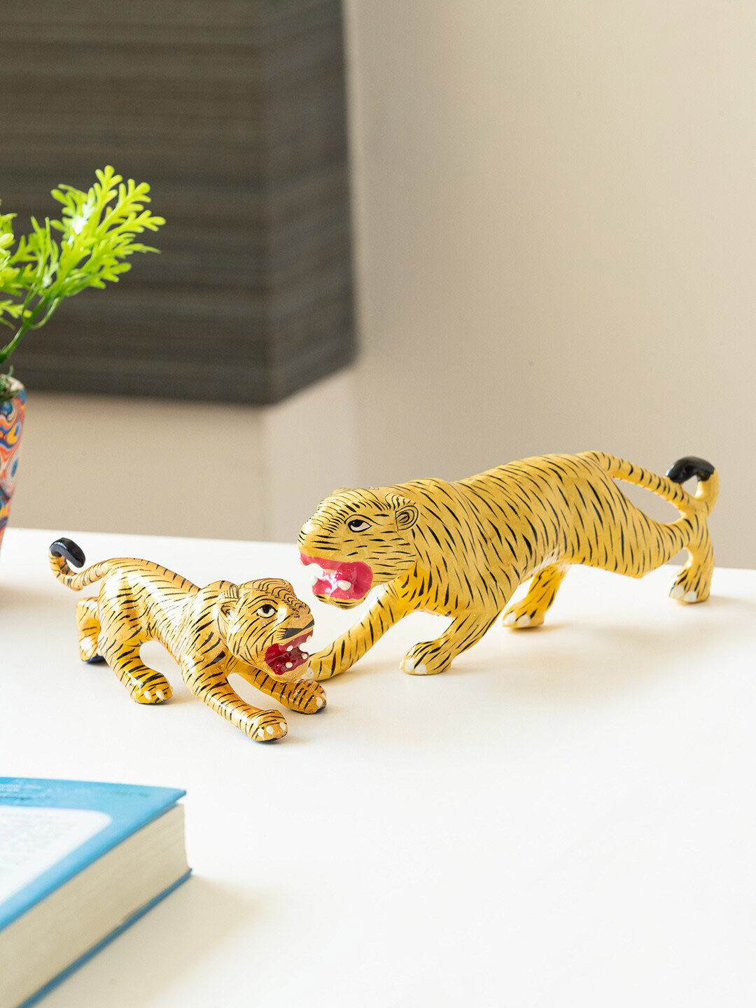 ExclusiveLane Meenakari 'Tiger and Cub' Yellow Metal Metallic Living Room Set of 2 Small Showpieces - 6.7 Inches