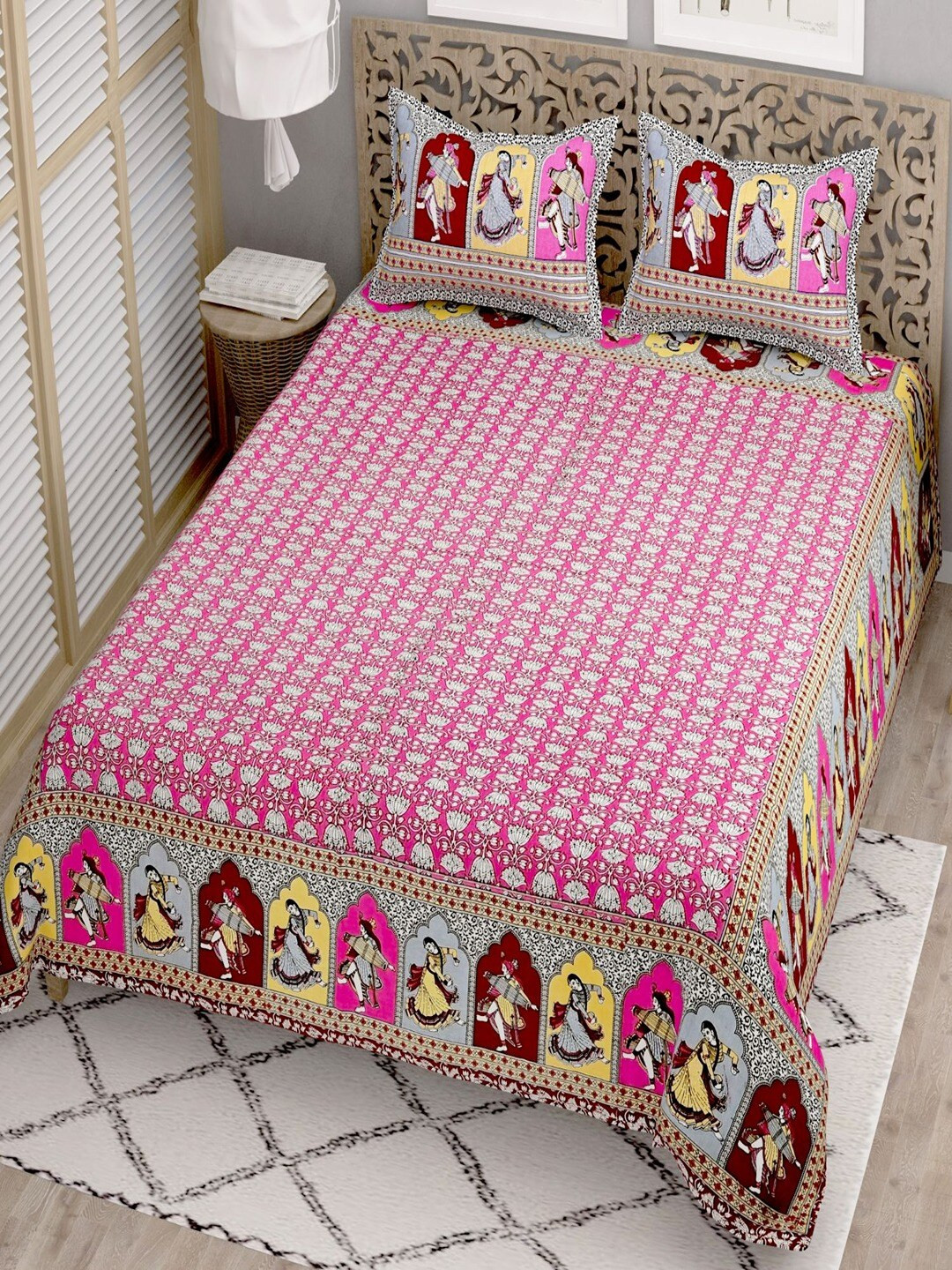 UNIQCHOICE Pink & Brown Floral Cotton 144 TC King Bedsheet With 2 Pillow Covers
