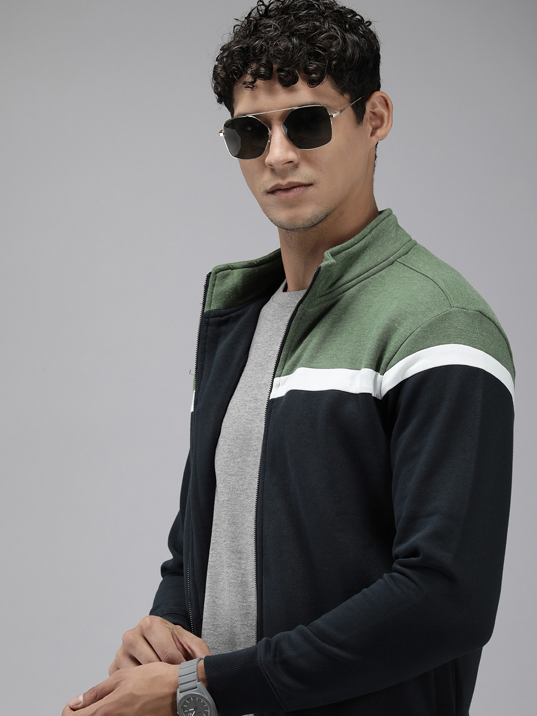 Park Avenue Colourblocked Mock Collar Front-Open Casual Sweatshirt