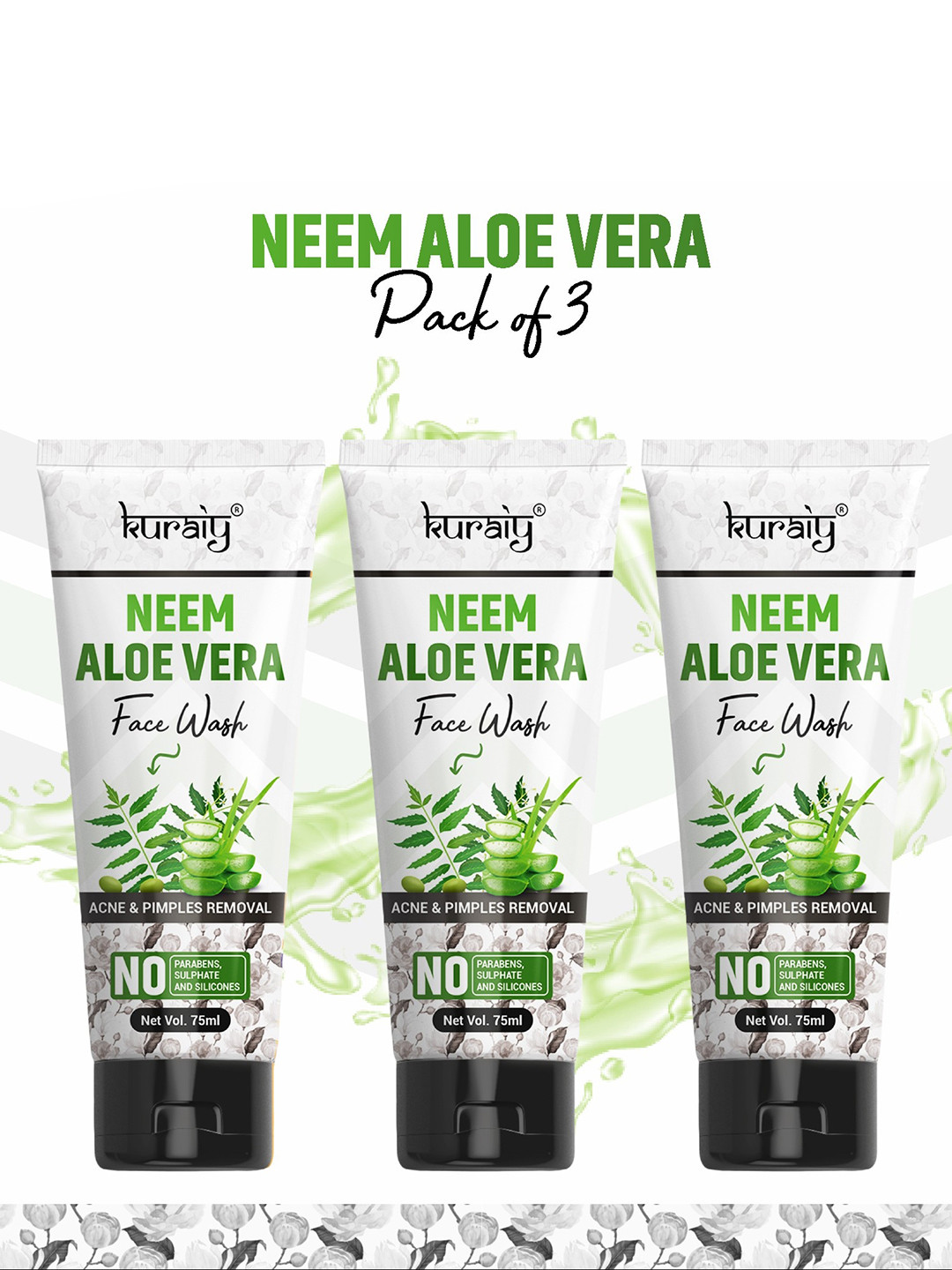 KURAIY 100% Safe Set Of 3 Neem Aloe Vera Face Wash -75ml Each