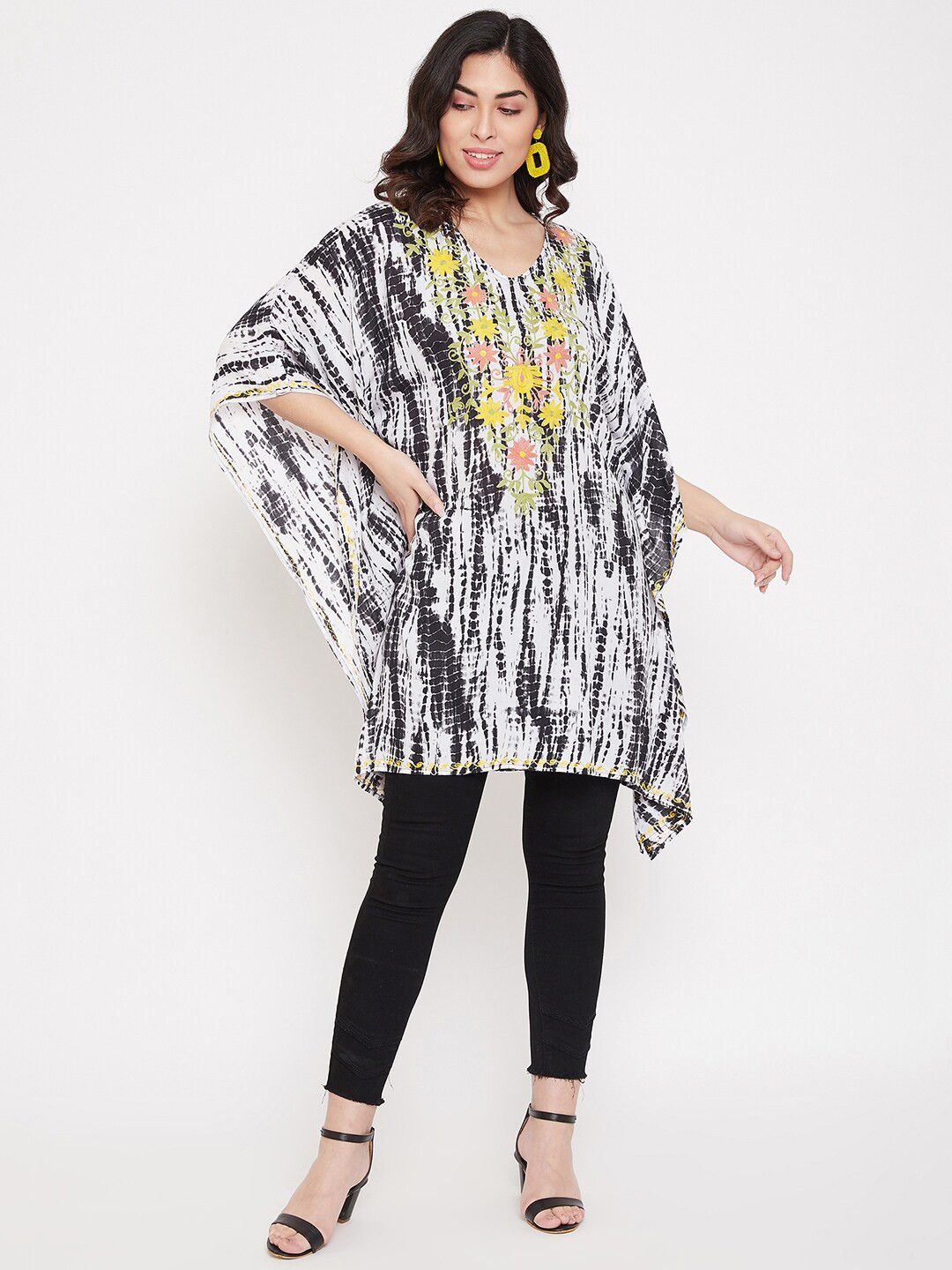 BAESD Tie & Dye Printed V-Neck Kimono Sleeve Embroidered Kaftan Longline Top