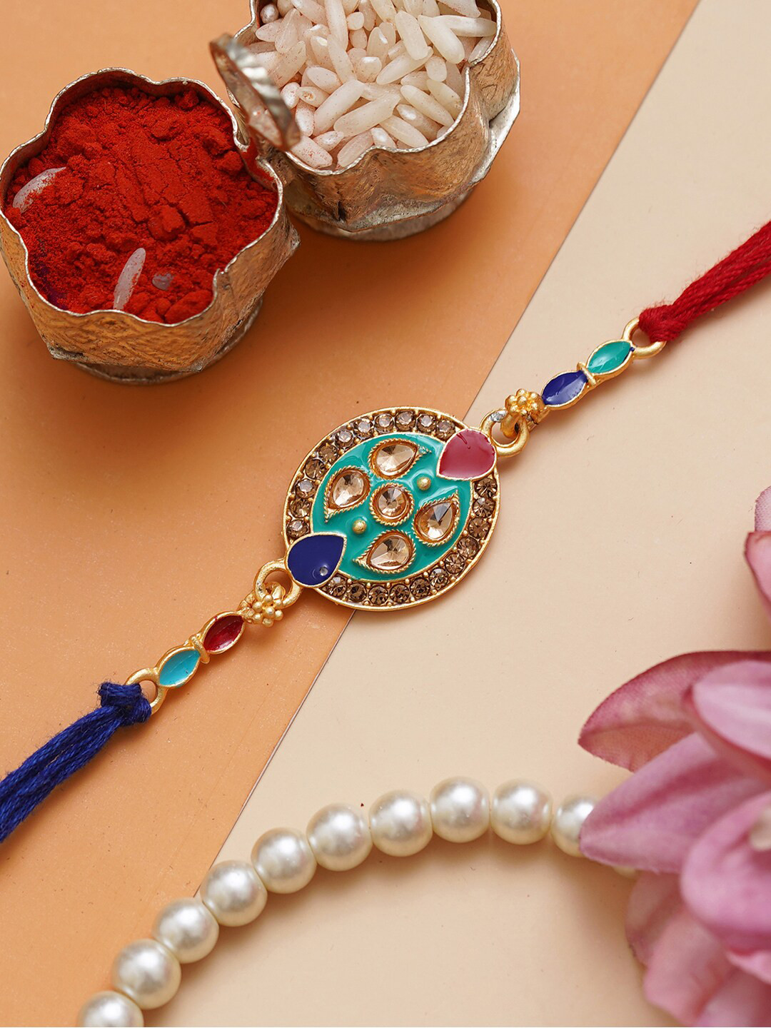 eCraftIndia Beautiful Kundan Studded Designer Rakhi With Roli & Chawal