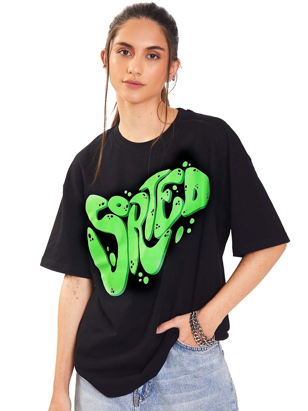 Buy Bonkers Corner Black Typography Printed Drop Shoulder Sleeves Cotton Oversized  T Shirt - Tshirts for Women 24310134