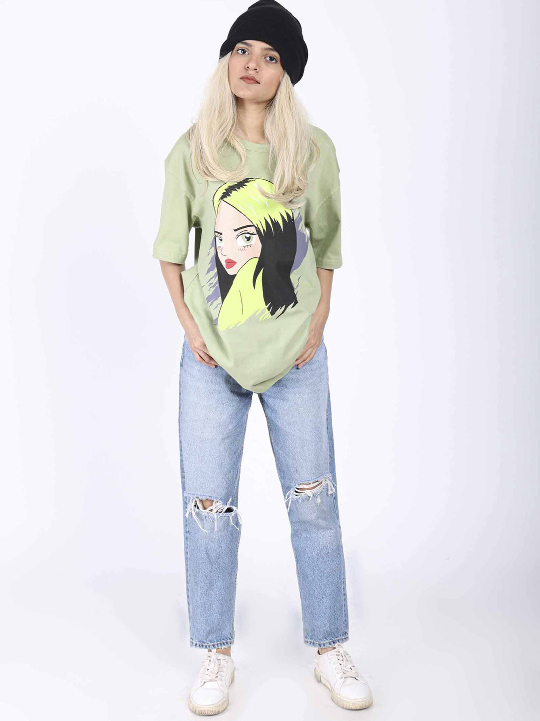 Bonkers Corner Green Billie Bratz Printed Drop-Shoulder Sleeves Cotton Oversized T-shirt